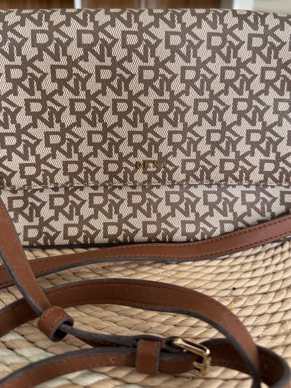DKNYC Brown and Cream Monogram Crossbody Bag